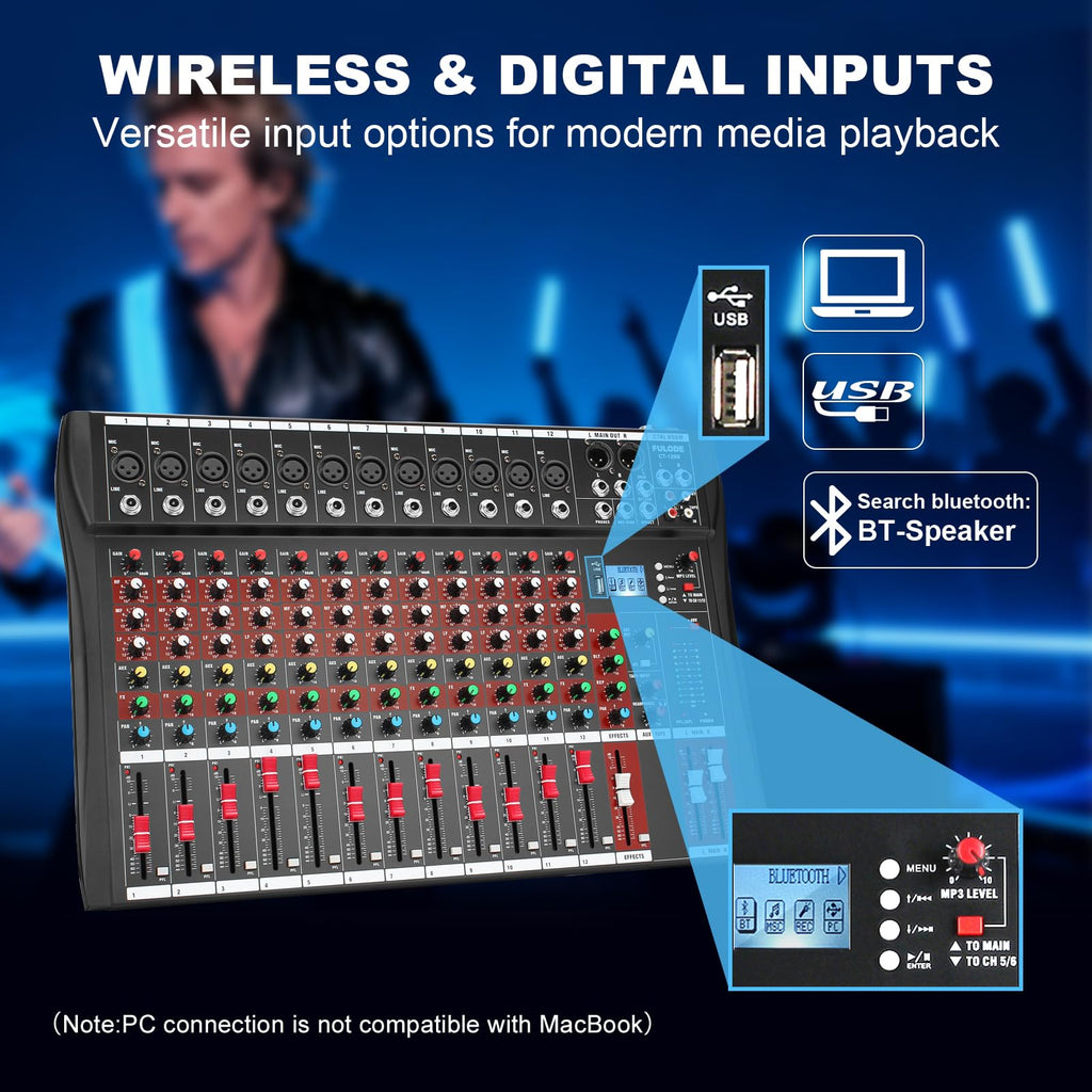 FULODE 12 Channel Audio Mixer, Professional Music Mixer Board DJ Mixing Console with Bluetooth, USB/MP3 Player, Reverb, and 48V Phantom Power for Studio Recording, Karaoke, and Live Performances