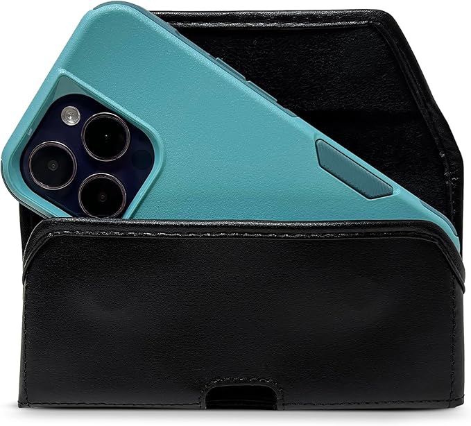 Turtleback Belt Holder for iPhone 16 Pro, 16e, 15 pro 14 Pro 13 Pro -Medium- Fits w/Shockproof Commuter Style Cases, Premium Black Leather Horizontal Case, Magnetic Closure, Leather Wrapped Clip