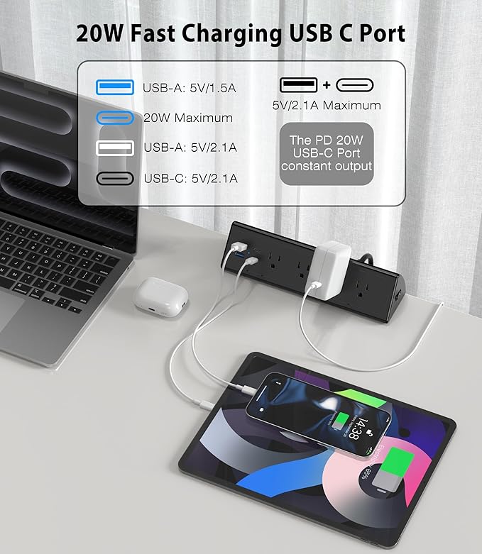 Jgstkcity Desk Clamp Power Strip,20W Fast Charging Station,Surge Protector Nightstand Edge Mount,1875W Extension Cord with Multiple Outlets,2 USB-C,2 USB-A,for Home Office (Black, 10 FT)