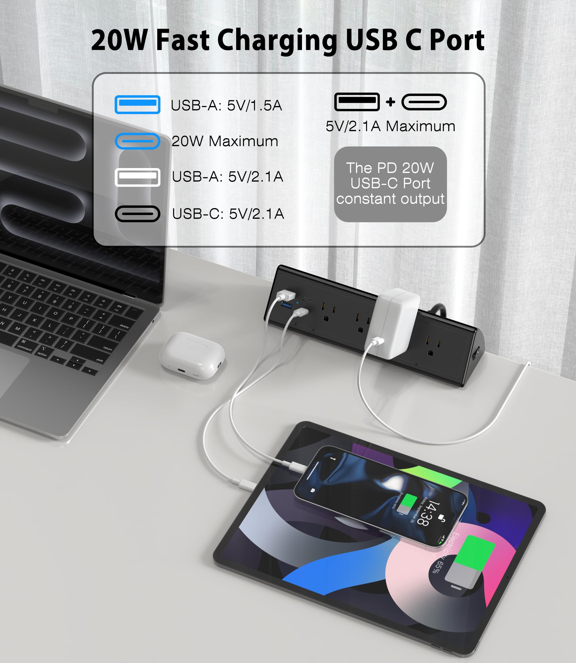 Jgstkcity Desk Clamp Power Strip,20W Fast Charging Station,Surge Protector Nightstand Edge Mount,1875W Extension Cord with Multiple Outlets,2 USB-C,2 USB-A,for Home Office (Black, 2PCS-6 FT)