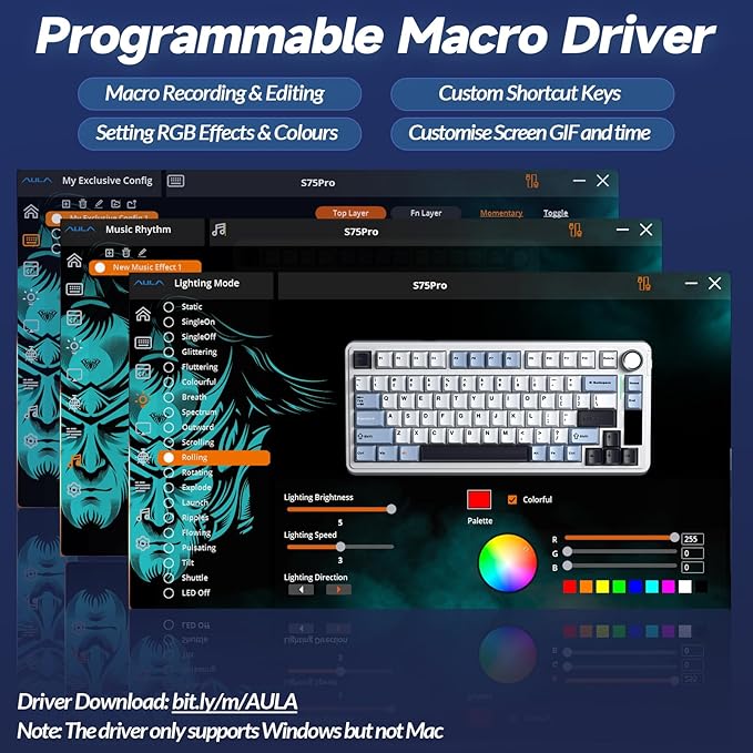 AULA S75 PRO Wireless Gaming Keyboard with Screen & Knob, Tri-Mode Hot Swappable Mechanical Keyboard 75%, Pre-lubed Switches, RGB Backlit, Side Printed PBT Keycaps, Creamy Sounding Computer Keyboards