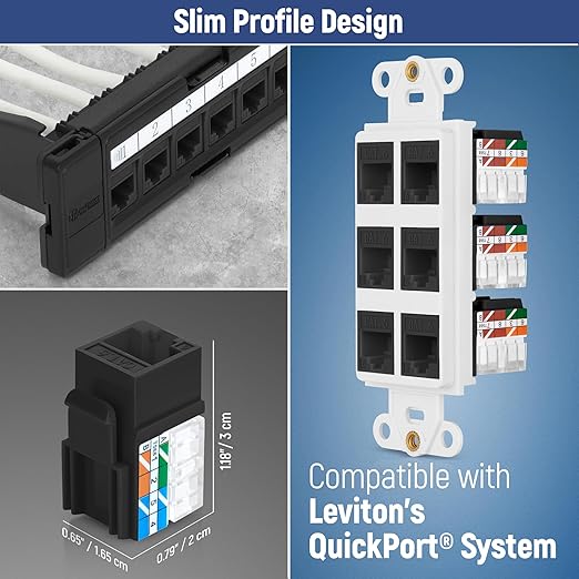 Everest 90° Angled RJ45 Cat6 Keystone Jacks 20-Pack in Black - Slim Profile Female RJ45 Connectors - Cat 6 Keystone Jack - Compatible with 90° Angled Speed Termination Tool - easyJACK (B094WB91H3)