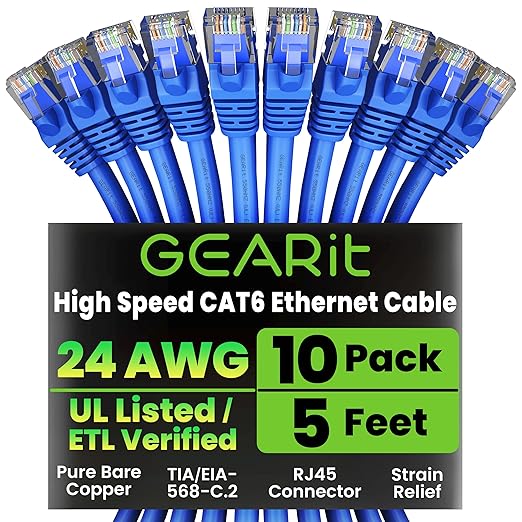GearIT Cat 6 Ethernet Cable Pack - 10-Pack 5 ft Cat6 Ethernet Patch Cables | RJ45 Network Patch Cable, 10 Gbps Snagless Gold-Plated Connectors - Ethernet Cable Cat 6 for PC, TV, Router - Blue