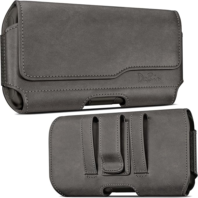 DeBin Holster for Large iPhone Plus, Pro Max Models 16 15 14 13 12 11 Xs Max – Leather Cell Phone Belt Holder Case with Clip, Carrying Pouch Cover Fits Phone with Case on, Pewter
