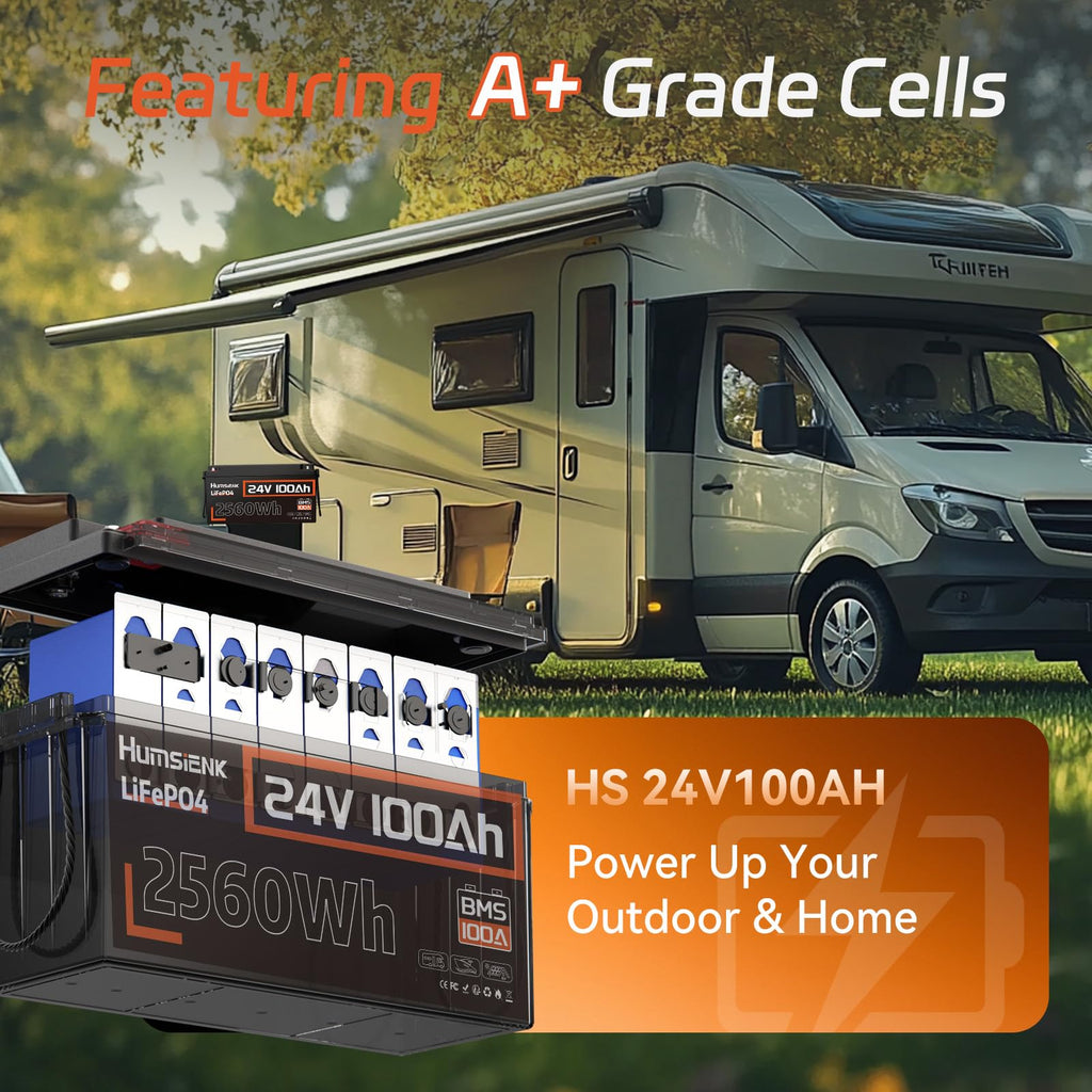 HumsiENK 24V 100Ah LiFePO4 Lithium Battery, Built-in 100A BMS with Low-Temp, 15000+ Deep Cycles 10 Years Lifespan, 2560Wh Lithium Iron Phosphate Battery, for RV, Trolling Motors, Off-Grid, Marine