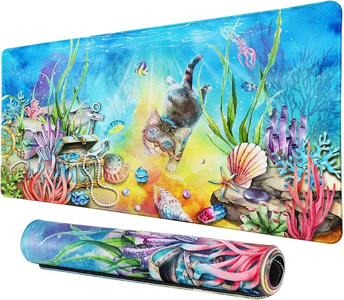 Lokigo Desk Pad Cool Cat, Big Desk Mat Cute Cat Ocean Underworld Extended Large Gaming Mouse Pad for Desk Boys Girls Non-Slip Rubber Base Stitched Edges Mouse Mat Office Home Laptop Desk Matt