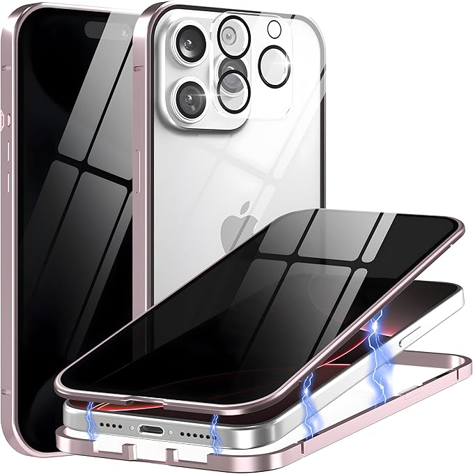 Privacy Magnetic Case for iPhone 16 Pro with Metal Titanium Frame Privacy Screen Protector & Camera Lens Protector, Magnetic Adsorption Double Sided Glass Case Anti Peep Anti Spy Phone Cover