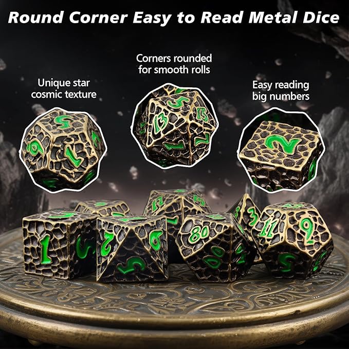 PJOY Metal Dice Set D&D for Dungeons and Dragons Green Metal Druid DND Dice with Case Meteorite Bronze 16mm 7PCS Role Playing Cool DND Gifts for Players DM Game Masters