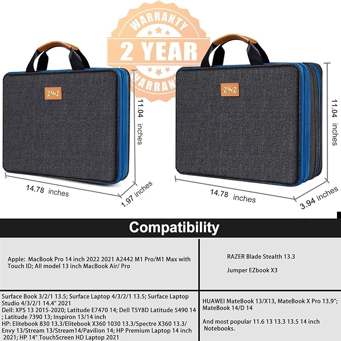 ZINZ Slim Expandable 13 13.3 13.6 14 Laptop Case Sleeve Compatible with MacBook Air/Pro 13-14 M1 M2 M3 2021-2023 Pro/Max,13.5 Surface Laptop 4/3,B01K03