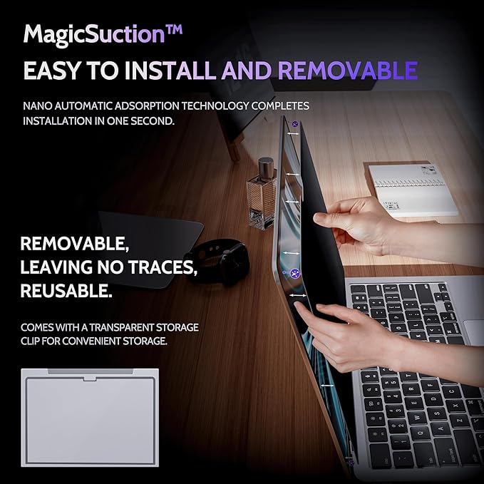 Privacy Screen for MacBook Air 15 Inch (2023-2025, M2, M3, M4)- A2941 A3114 A3241, MagicSuction™ Removable Anti Spy Black Protector, Glare Blue Light Filter for Mac Laptop Computer