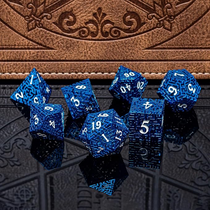 Blue Metal Hollow DND Dice Set (Wizard) Metallic Luster Maze Design with Storage Box - Balanced Weight 7 Piece Zinc Alloy, designed for Dungeons and Dragons DMs and Players RPG Accessories