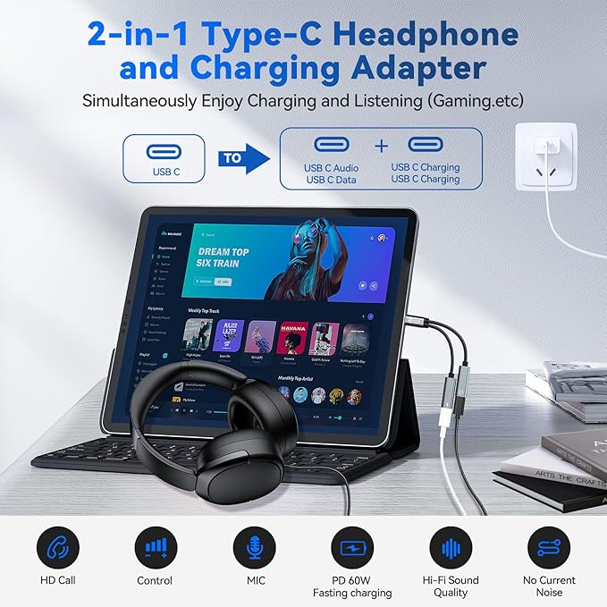 USB C Splitter,1 in 2 Out Dual USB C Type Headphone and Charger Audio Adapter, Type C Headphone Adapter and 60W PD Fast Charging Dongle Cable Compatible with Phone 16/15 Pro Max,USB-USB, 1Pack)