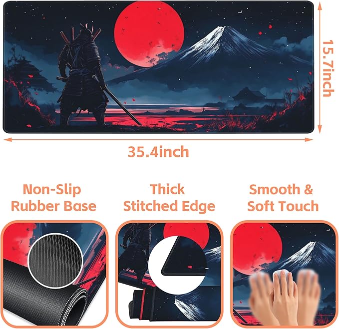 Mouse Pad Large Samurai and Red Moon Non-Slip Game Desk Mat with Stitched Edge Laptop Keyboard Desk Pad for Work Home Gaming (35.4 x 15.7 Inches)