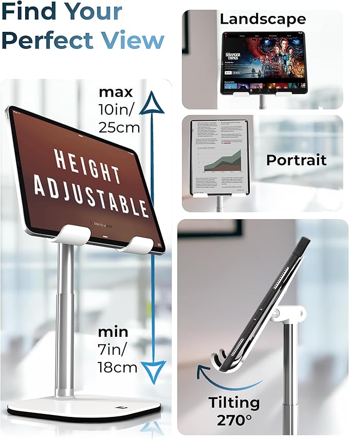 COOPER TabHolder, 7-10" Height Adjustable Tablet Stand, Premium iPad Stand for Desk, 270° Tilt Portable Monitor Holder for 15.6-17" Displays, for All iPad, Kindle, Surface, Samsung Tablets (White)