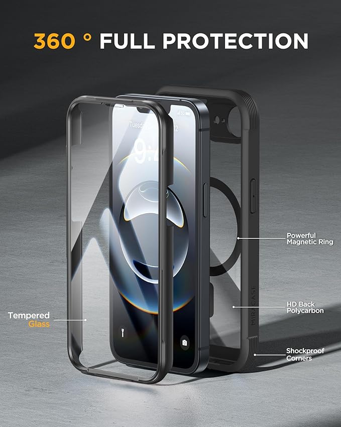 Miracase Magnetic for iPhone 16e Case Full-Body Phone with Built-in Glass Screen Protector, [Compatible with MagSafe] Military Drop Proof 16 E Cover Bumper 6.1 inch, Black