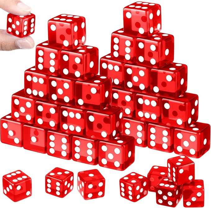 36 Piece 19 mm Casino Style Craps Dice Sets Acrylic and Translucent D6 Dice, Square W/Rounded Edge for Casino, Craps, Table Games and Board Games (Red)