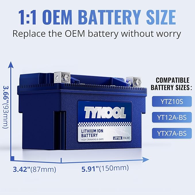TYKOOL YTZ10S 12V 6Ah, 360CCA,3X Cranking Amps,5X Life,High Performance Lithium LiFePO4 Motorcycle Battery, Built in BMS, Powersports Battery, for Yamaha Scooter, ATV,Riding Lawn Mower