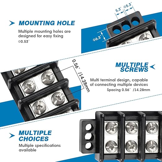 GLOSO Marine Terminal Blocks TBD Double Row Stainless 10-22 AWG Cu, 30A/600V- 1 Pack, 6 Poles