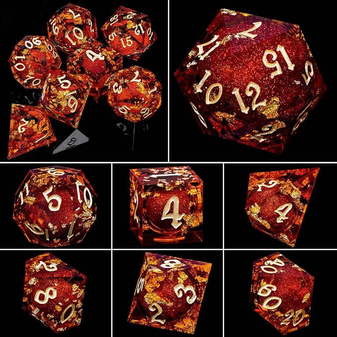 ARUOHHA Liquid Core DND Dice Set, 7pcs Resin Sharp Edged Dragons Dice Compatible with D&D Role Playing Games, RPG Golden Numbers Red Dungeons Polyhedral Dice with Gift Box, D and D Dice Set D20 D10 D6