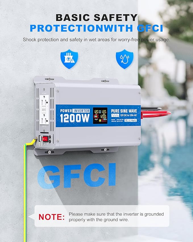 1200W Pure Sine Wave Power Inverter 12V DC to 120V AC Converter 2400 Watt Peak Power Multi-Display Screen with 2 GFCI Outlet 30W USB and 18W Type-C for Car RV Truck Boat Off-Grid, Gray Blue
