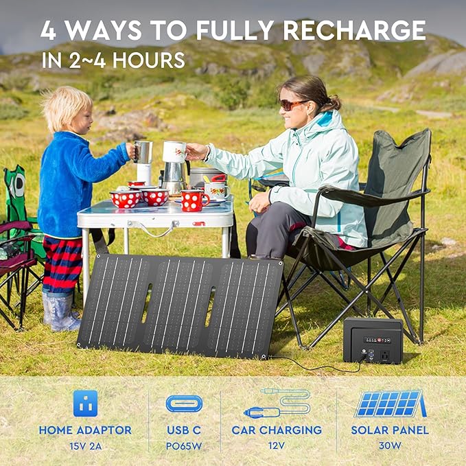 Powkey Solar Powered Generator 100W Rated, 97Wh Portable Power Station with Solar Panels 30W Included, Fast Charging Power Bank with AC Outlet 110V/PD65W USB C/QC 3.0 for Outdoor Camping Home Backup