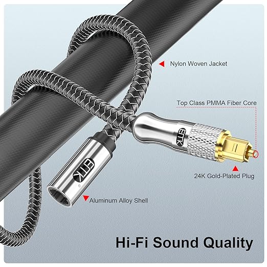 EMK Optical Cable Extension, 24K Gold-Plated Optical Audio Cable Toslink Female to Male Audio Extended Cable Compatible for Sound Bar,Home Theater (6 Feet/2M, Optic Extension, Silver2)