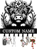 Personalized Highland Cow Key Holder Wall Mount, Custom Metal Key Rack Key Holder with Name, Deer Cabin Wall Keys Hanger with Hooks for Entryway, Front Door, Hallway, Kitchen, Living Room