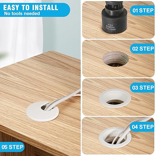 2" White Desk Grommet with Bi-Metal Hole Saw, JTemgle Plastic Cable Hole Cover Computer Table Cord Wire Organizer Caps, Desktop Cord Management for Home Office TV Stands Tabletops, 13 Pieces