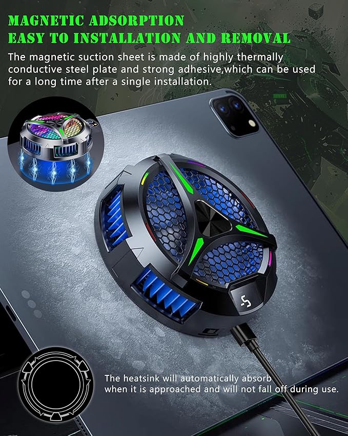 Magnetic Cooler for iPad,Tablet Cooler for ipad/Surface pro/Samsung Tab,Universal Radiator with Temperature Display for Mobile Gaming,Tiktok Live Streaming (Green Mech)