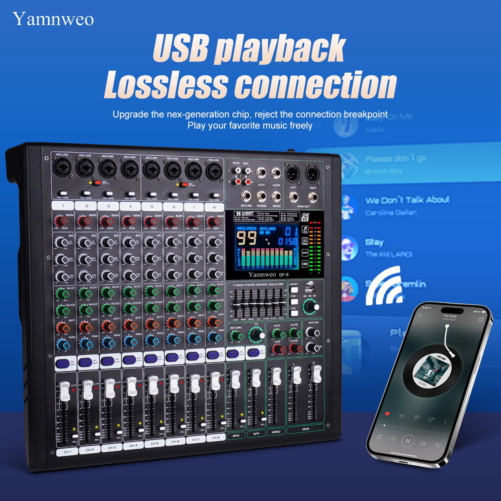 GF8 Pro Multi functional 8-channel Audio Mixer, Bluetooth DJ Mixing Console -7-level Stage Equalizer, 99 Sound Effects, Stage Independent Mute, Karaoke, Wedding Scene, Party DJ Mixer