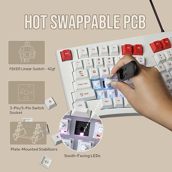 Feker Alice98 Ergonomic 98 Keys Custom Mechanical Keyboard, VIA Programmable, USB-C Wired Gaming Keyboard, Hot Swappable, 5 Layer Paddings, Control Knob, NKRO, RGB for Win/Mac (Beige)