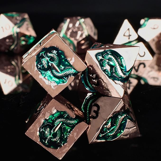 RULE DICE Serpent's Embrace Metal DND Dice Set - 7pc Polyhedral D&D Dice for TTRPGs Like Dungeons and Dragons and Pathfinder - Emerald Green Snake Design, Heavy & Balanced for Tabletop Gaming