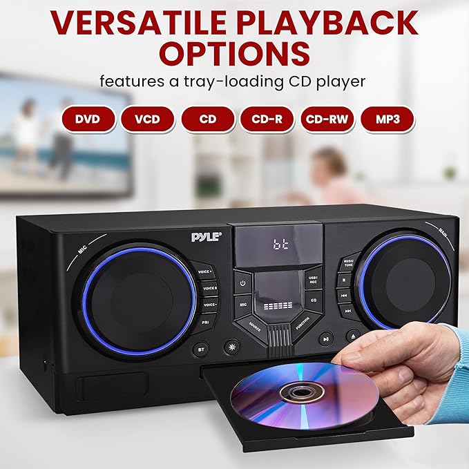 Pyle 4-Piece Bluetooth Stereo System - Mini Hi-Fi Bookshelf Stereo System with USB Recording, FM Radio and Remote Control, DVD/CD Compatibility, Perfect Stereo Shelf Systems for Home, 1000W