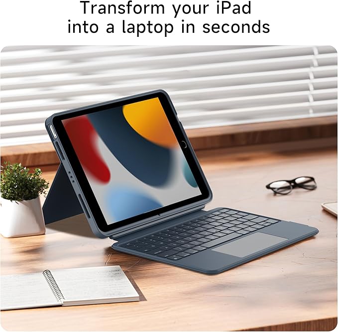HOU Combo Keyboard Case for iPad 9th Generation (10.2", 2021)/8th Gen/7th Gen/iPad Air 3/Pro 10.5 Multi-Touch Trackpad,7 Color Backlight,Rotatable & Detachable,Portrait/Landscape Modes,Navy Blue