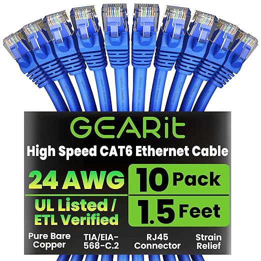 GearIT Cat 6 Ethernet Cable Pack - 10-Pack 1.5 ft Cat6 Ethernet Patch Cables | RJ45 Network Patch Cable, 10 Gbps Snagless Gold-Plated Connectors - Ethernet Cable Cat 6 for PC, TV, Router - Blue