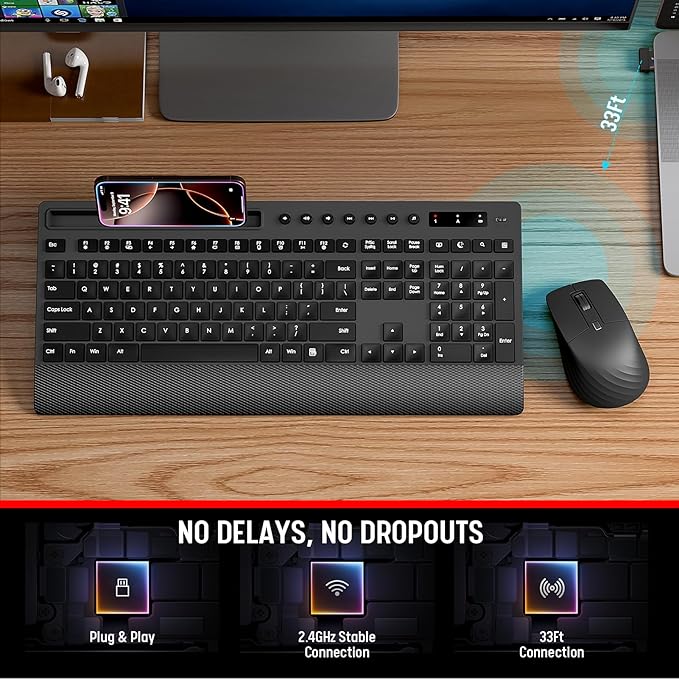 Trueque Wireless Keyboard and Mouse Combo - Full-Size Quiet Keyboard with Palm Rest, Phone Holder, Multimedia Keys, Power Switch, Compatible with Windows, Chrome OS, PC, Laptop (Batteries Included)