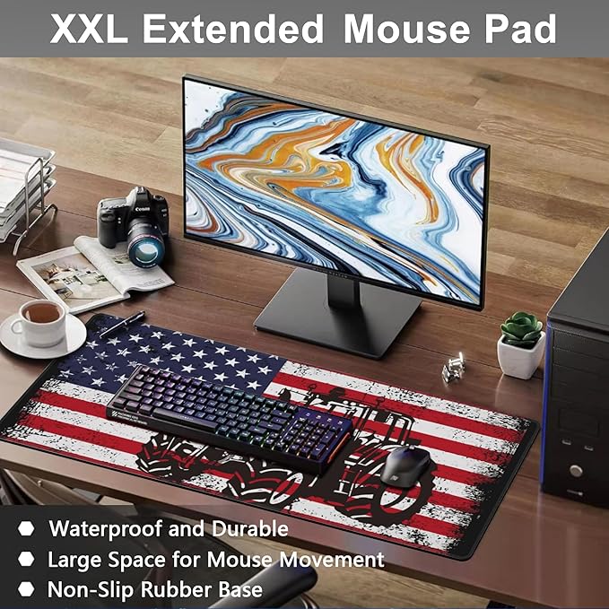 Mouse Pad, Large Vintage USA Flag with Tractor Desk Mat, Extended Non-Slip Gaming Keyboard Mousepad Desk Pad, Thick Stitched Edges Waterproof Mouse Mat 31.5"x15.7" (Retro American Flag)