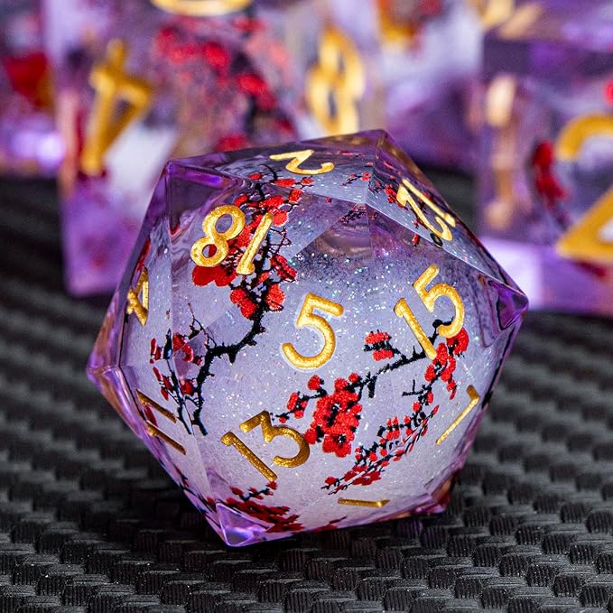 ARUOHHA DND Resin Dice Plum Blossom Liquid Core Golden Purple Sharp Edged Dragons Polyhedral Dice Set with Gift Box, Dungeons D and D Dice Set Role Playing Game D20 D12 D10 D8 D6 D4