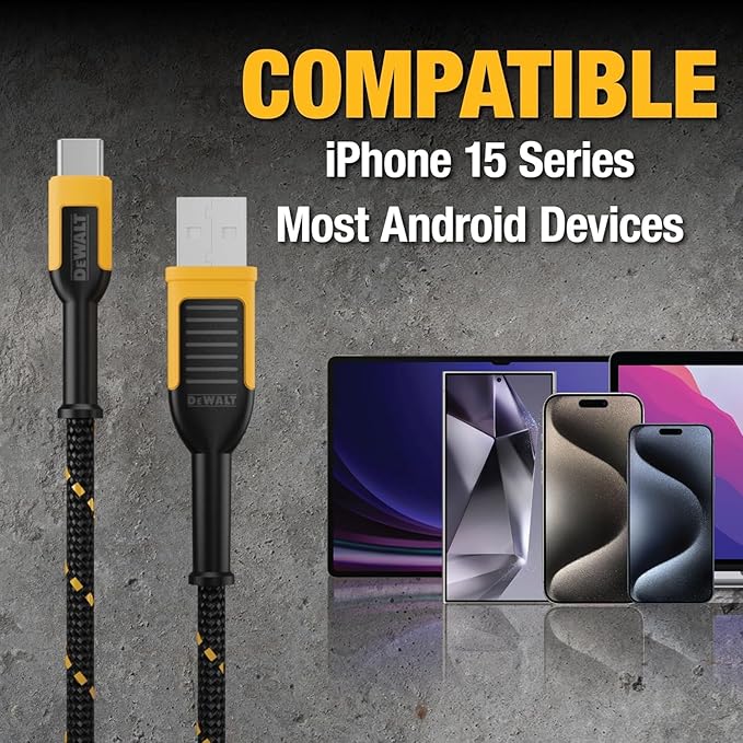 DEWALT Heavy Duty USB to USB C Cable, Jobsite Type C Cable, High Speed USBA to Type-C, Fast Charge USBC Fast Charging Cord for iPhone 16/15 Pro Max, MacBook, iPad, Samsung Galaxy, 10ft (USB2.0, Black)