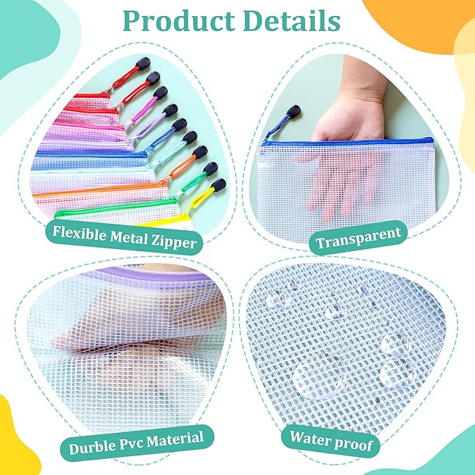 9pcs Mesh Zipper Pouch Bags, 9 Sizes Zipper Pouch, Mesh Bags With Zipper, Plastic Zipper Pouches, 9 Colors Zipper Pouches for Organizing, Board Game Storage, Travel, School Office organize