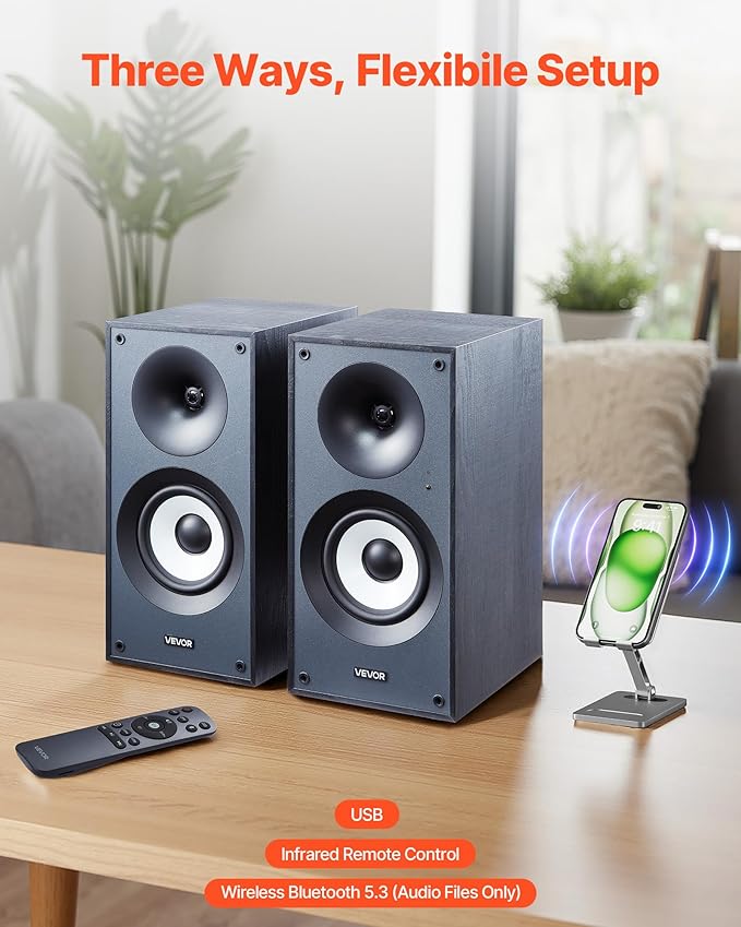 VEVOR Powered Bookshelf Speakers, 25W x 2, Active Studio Monitor Speaker with 5.5 Inch Woofer, Bluetooth/RCA/Coaxial/Optical/USB/Subwoofer Connection, Wooden Enclosure, for Record Player Turntable PC