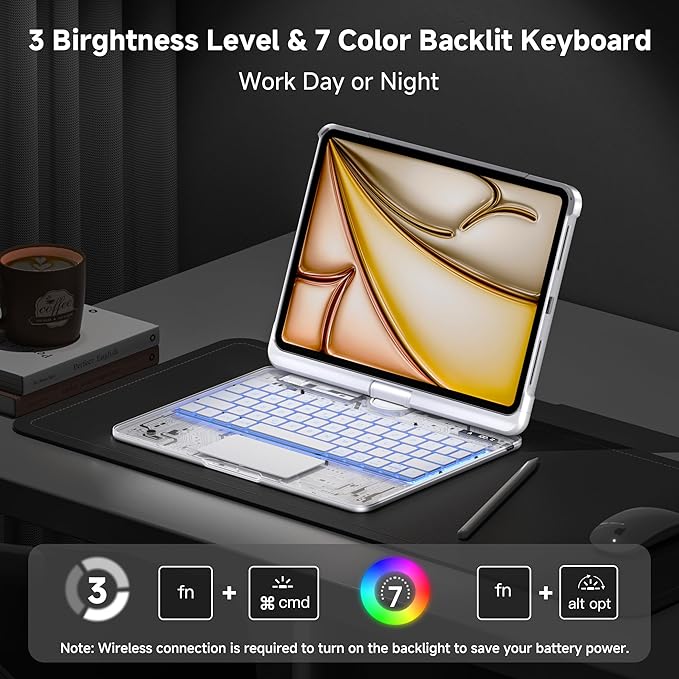 Keyboard Case for iPad 11 inch Pro 4/3/2/1st Gen & 11’’ iPad Air 2025 M3, 2024 M2 & 10.9" iPad Air 5th/4th Gen, 360° Rotating Stand Transparent Protective Cover with Pencil Holder (White)