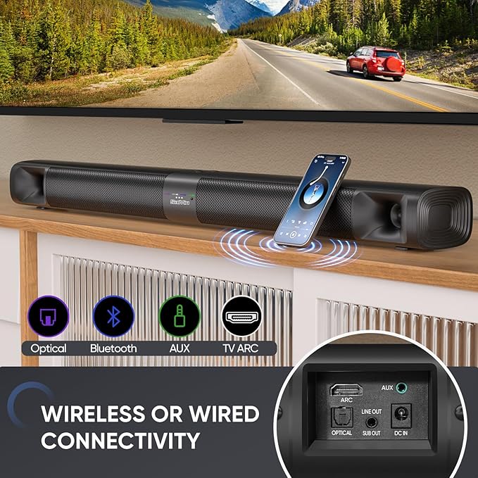 Saiyin Sound Bar for Smart TV with Subwoofer, 100W Detachable Soundbar Home Theater Surround Sound System for TV with Horn Tweeter, Adjustable Bass and HDMI-ARC/Bluetooth Optical/AUX/Connection
