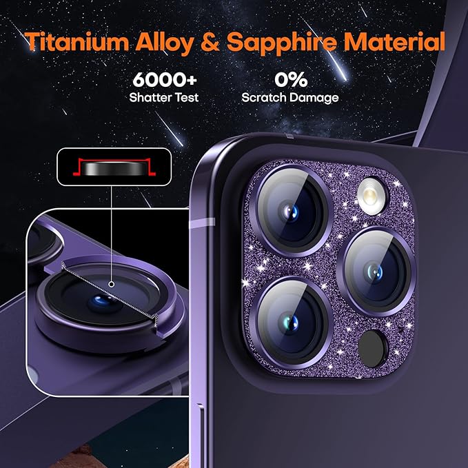 Camera Lens Protector for iPhone 16 Pro Max/16 Pro/15 Pro Max/15 Pro/14 Pro Max/14 Pro, Aluminum Alloy Sapphire Glass Camera Screen Cover, Case Friendly- Glitter Purple