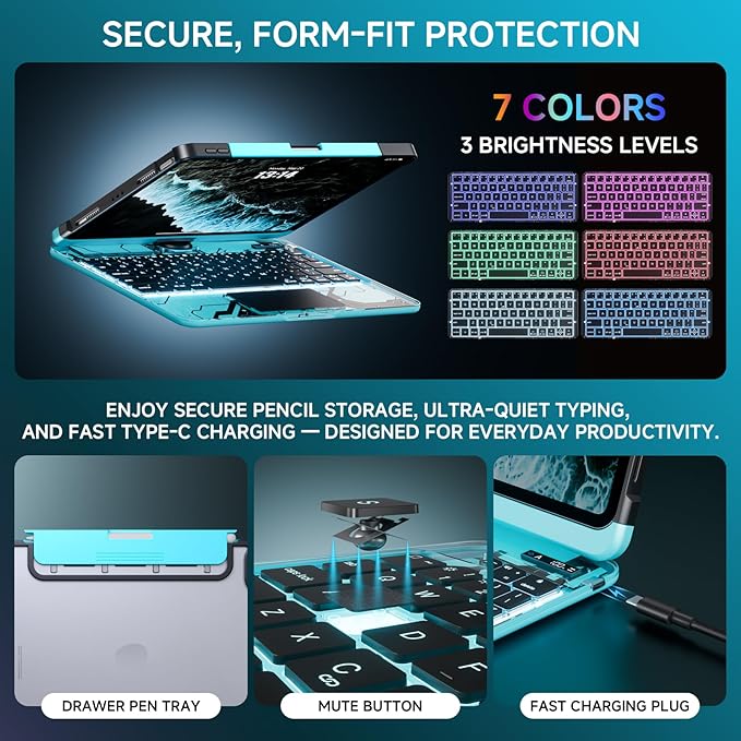 Transparent Case with Keyboard for iPad 9th (7th, 8th, and 9th Gen) 10.2 Inch,with 7-Color Backlit Wireless Keyboard,360°Rotatable Protective Case Multi-Touch Trackpad,with Pencil Holder,Blue