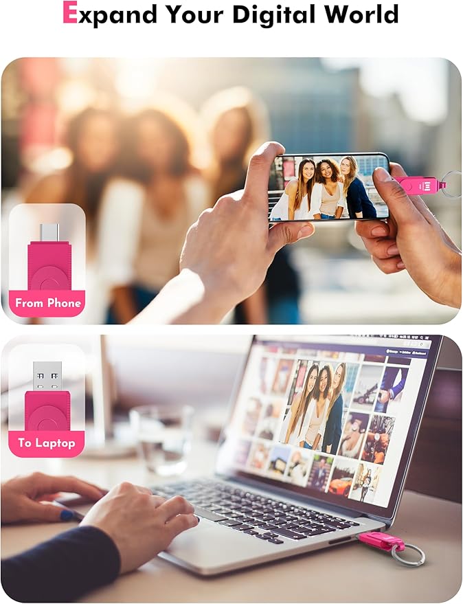 MOSDART 64GB USB3.1 Fast Speed C and A Dual Flash Drive, exFAT Memory Stick with Keychain and LED Indicator, for iPhone 15 and 16, Android Phone, iPad, MacBook, and Other Laptops, Hot Pink