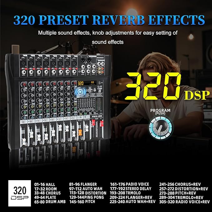 Audio Mixer 8 Channel Professional Mixer Console with 320 DSP Effects, 7-band EQ Sound Mixing Board Digital DJ Mixer w/USB Bluetooth MP3 for Recording, Independent 48V Power & Mute Button