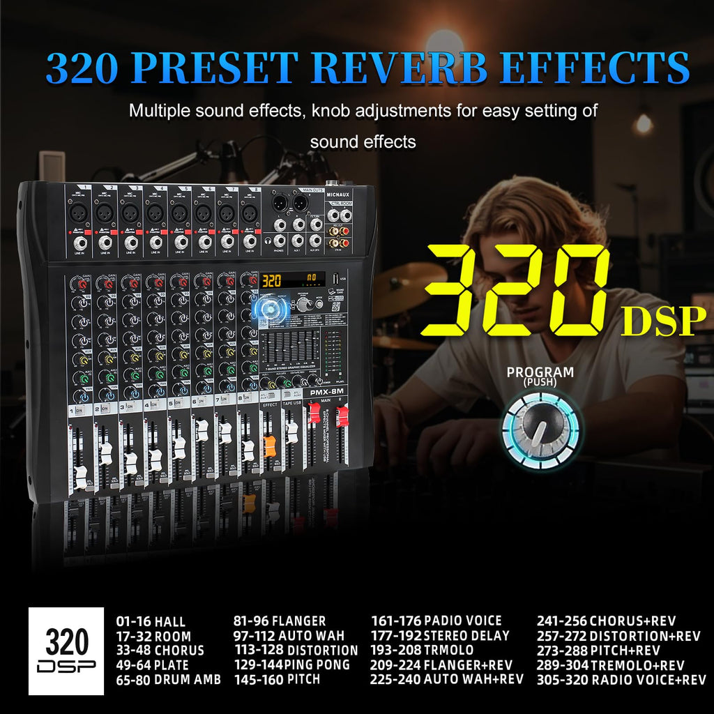 MICNAUX Audio Mixer 8 Channel Professional Mixer Console with 320 DSP Effects, 7-band EQ Sound Mixing Board Digital DJ Mixer w/USB Bluetooth MP3 for Recording, Independent 48V Power & Mute Button