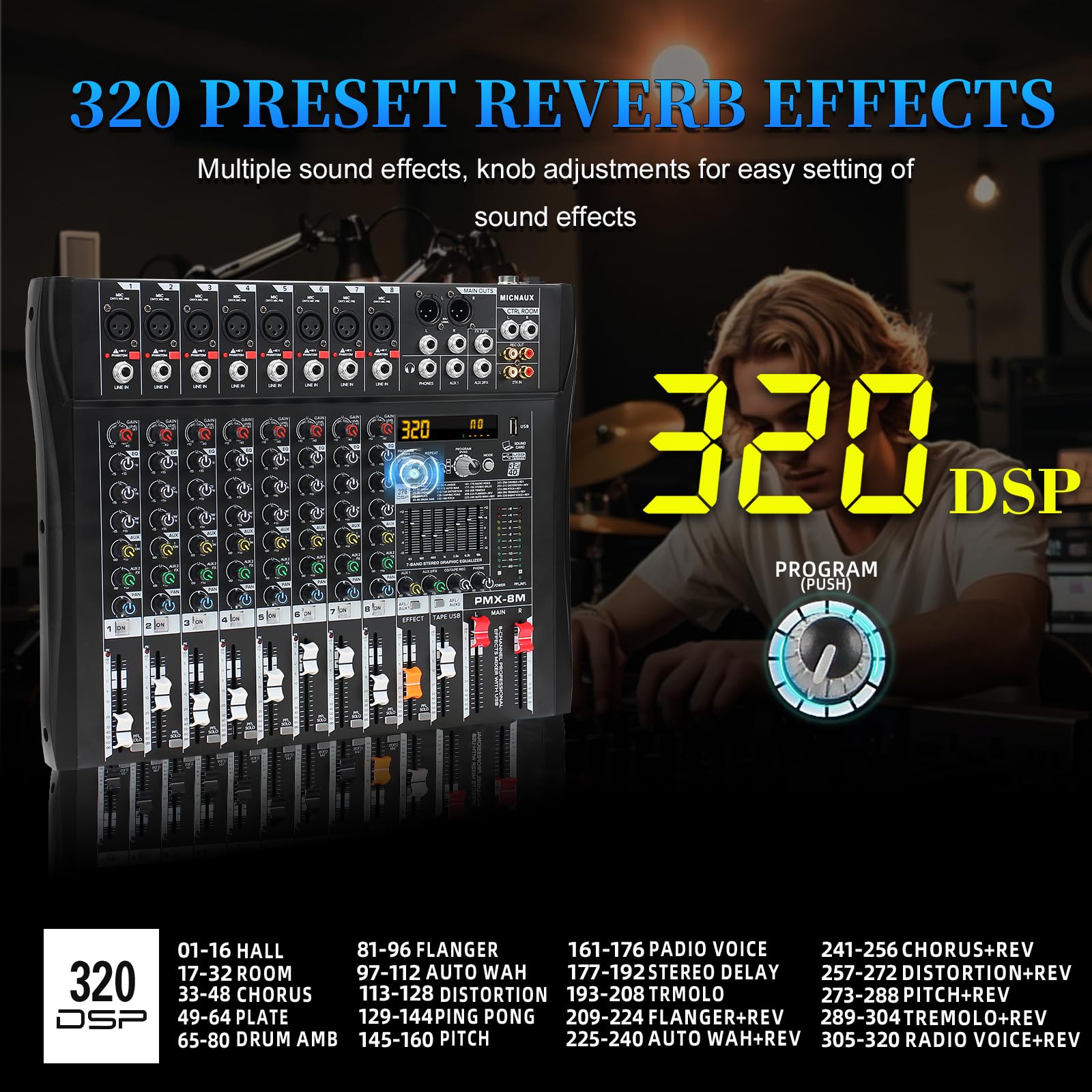 MICNAUX Audio Mixer 8 Channel Professional Mixer Console with 320 DSP Effects, 7-band EQ Sound Mixing Board Digital DJ Mixer w/USB Bluetooth MP3 for Recording, Independent 48V Power & Mute Button