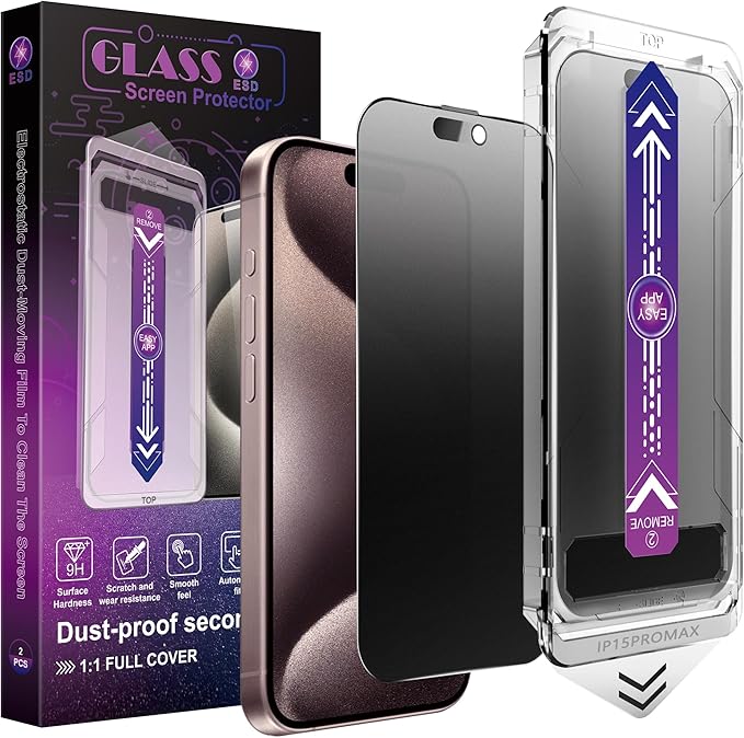 2 Pack Matte Privacy Screen Protector for iPhone 16 Pro Max, 9H Tempered Glass, Full Coverage, Anti-Fingerprint, Auto Dust-Elimination, No Bubble, Easy Installation